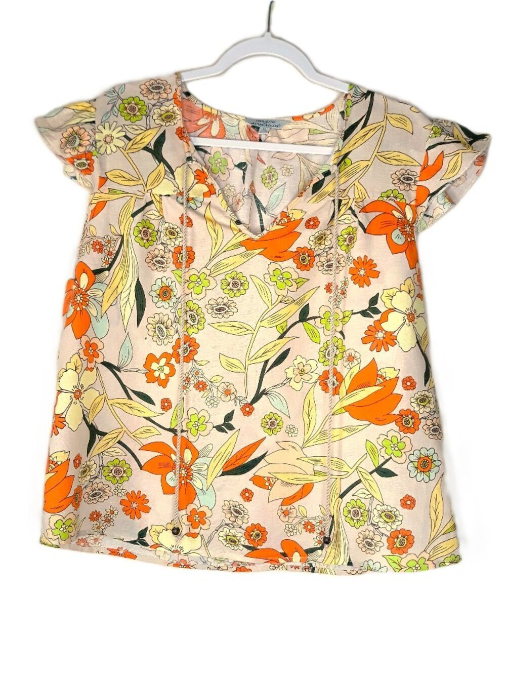 Boho Floral Linen Blend Top Orange Tropical
